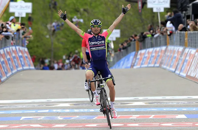 Lampre-Merida's Diego Ulissi (R) celebrates winning Stage Eight, his second of the 97th Giro d'Italia on May 17, 2014. (teamlampremerida.com)